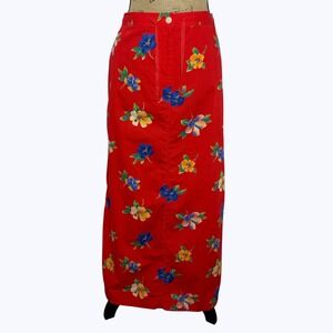 Susan Bristol Red Floral Maxi Skirt Cotton Pockets Tropical Vacation Vtg Sz XL